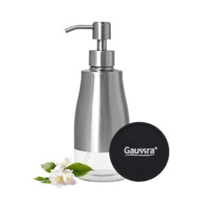 Gaussra Cleaning soap Dispenser with Coaster and Stickers, Brushed Nickel Stainless Metal Case Glass Liner Hand Pump Dispenser, Refillable Liquid Hand Cleaning soap Dispenser for Rest room & Kitchen (11OZ / 320ML)