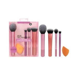 Actual Methods 5 Piece On a regular basis Necessities Make-up Brush Set, Contains 4 Brushes & Make-up Sponge, For Basis, Blush, Bronzer, Contour, Eyeshadow, & Powder, Journey Present Set, Cruelty-Free & Vegan