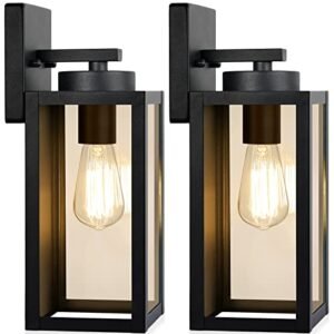 Out of doors Wall Mild Fixtures, Exterior Waterproof Wall Lanterns, Porch Sconces Lighting with E26 Sockets & Glass Shades, Fashionable Matte Black Outdoors Lights for Patio Entrance Door Entryway Storage, 2-Pack