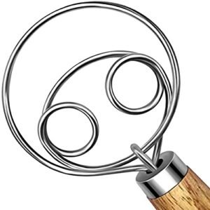 TEEVEA Danish Dough Whisk Stainless Metal Dough Hook Dutch Whisk for Sourdough Bread Dough Mixer Hand Wood Deal with Kitchen Whisking Mixing Instrument Bread Making Instruments and Provides