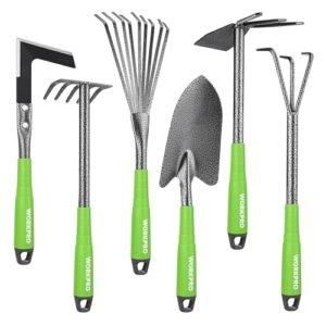 WORKPRO 6-Piece Backyard Device Set, Heavy Responsibility Gardening Hand Instruments with Smooth Rubber Deal with, Together with Trowel, Rakes, 2-in-1 Hoe and Crack Weeder, Preferrred Gardening Presents for Males and Ladies