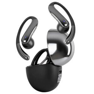 Open Ear Clip Wi-fi Earbuds Bone Conduction Headphones, Bluetooth 5.4, Open Ear Design, Constructed-in Mic, IPX7 Waterproof, LED Show Charging Case,Ear Hooks Ear Buds,Design for Operating Strolling Black