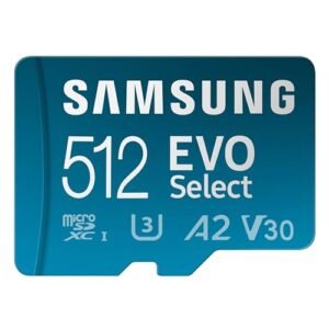 Samsung EVO Choose microSDMemory Card + Adapter, 512GB microSDXC, Up-to 160 MB/s, 4K UHD, UHS-I, C10, U3, V30, A2, for Cell Telephone, Smartphones, Nintendo-Swap, and Tablets (MB-ME512SA/AM)