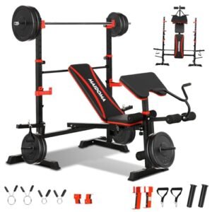 MAIDOMA 1500LBS 6 in 1 Weight Bench Set with Leg Extension/Curl and Preacher Curl, Bench Press Set and barbell Rack with Security Bar Catches, Foldable Exercise Benches for Dwelling(US Inventory)