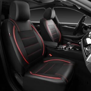 CAR PASS Common FIT Piping Leather-based Two Entrance Seat Covers, Waterproof Fake Leather-based for SUV Sedan Van Truck, Airbag Suitable,Reserved Opening Holes for Headrest Covers. (Black crimson)