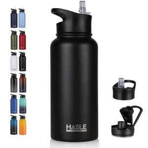 HASLE OUTFITTERS 32 oz Insulated Water Bottle Stainless Metal Double Walled Vacuum Sports activities Water Bottle with 2 Lids (Straw and Spout Lid) for Health club Tenting Climbing(Black,1)
