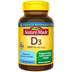 Nature Made Vitamin D3 2000 IU (50 mcg), Vitamin D Complement for Bone, Tooth, Muscle and Immune Well being Assist, 250 Softgels, 250 Day Provide