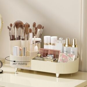 Make-up Organizer Countertop Rotating Make-up Organizer for Vainness Giant Capability Beauty Show Case with Make-up Brush Holder Beauty Organizer Countertop（Cream）