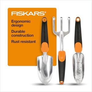 Fiskars 3-in-1 Backyard Device Set, Consists of Trowel, Transplanter, and Cultivator for Outside Gardening, Ergonomic Yard Device Equipment