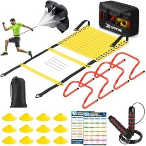 X-UMEUS Agility Ladder Velocity Coaching Gear Set-20ft Agility Ladder,12 Soccer Cones,4 Hurdles, Soar Rope, Operating Parachute| Basketball Soccer Soccer Coaching Gear for Children Youth Adults