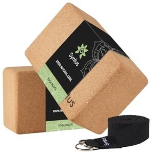 Syntus Cork Yoga Blocks and Strap Set, 2 Pure Cork Tender Non-Slip Blocks 9×6×4 inches, 8FT Steel D
