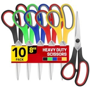 BURVAGY 8″ 10 Pack All Goal Heavy Responsibility Scissors- Consolation-Grip Sharp Scissors for Workplace College Stitching Cloth Craft Excessive/Center College Scholar Instructor Scissor, Proper/Left Hand