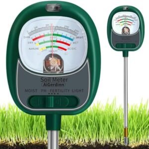 AiGerdinn Soil Tester, Soil Moisture Meter/Soil pH Meter/Solar-Mild/Fertility for Gardening, Massive Dial Soil pH Tester Plant Water Meter for Indoor&Outside Backyard,Farm Soil Check Equipment-Inexperienced