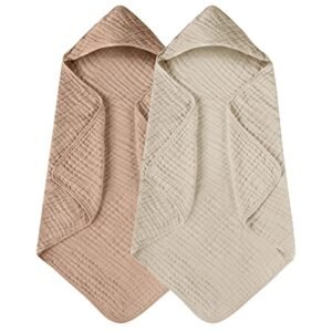 Yoofoss Hooded Child Towels for New child 2 Pack 100% Muslin Natural Cotton Child Bathtub Towel with Hood for Infants, Toddler, Toddler and Youngsters, 32x32Inch, Gentle and Absorbent New child Important, Beige&Espresso