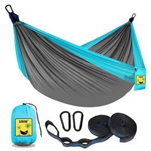 SZHLUX Tenting Hammock Double & Single Transportable Hammocks with 2 Tree Straps and Connected Carry Bag,Nice for Out of doors,Indoor,Seashore,Tenting,Mild Gray / Sky Blue