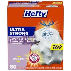 Hefty Extremely Sturdy Tall Kitchen Trash Luggage, Lavender & Candy Vanilla Scent, 13 Gallon, 80 Rely