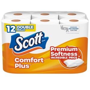 Scott ComfortPlus Bathroom Paper, 12 Double Rolls, 231 Sheets per Roll, Septic-Secure, 1-Ply Bathroom Tiss