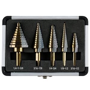 IRONANT Step Drill Bits, 5PCS HSS Titanium Step Drill Bit Set, 50 Sizes Excessive Velocity Metal Step Bits for Steel with Aluminum Case