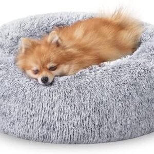JOLLYVOGUE Small Canine & Cat Beds for Indoor Cats, Donut Cuddler Warming Tender Canine Beds with Anti-Slip Backside, Spherical Calming Fluffy Plush Fake Fur Cushion Mattress for Small Canines (20″, Smoke Gray)