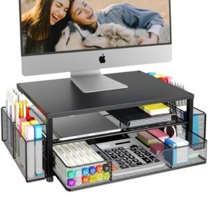 OPNICE Desk Organizer and Equipment, 2-Tier Pc Monitor Stand Riser with Drawer and a couple of Pen Holders, Laptop computer Stand, Workplace Desk Equipment for Workplace Provides, Black