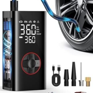 Tire Inflator Moveable Air Compressor – 150PSI Cordless Air Pump for Automotive Tires, Moveable Tire Inflator for Vehicles with Stress Gauge, Tire Pump for Bike, Bike, Auto Shut-off