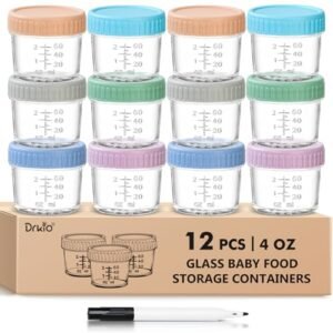 DRKIO 12 Pack Glass Child Meals Storage Containers – 4 Oz Child Meals Jars with Lids Child Meals Maker Microwave Dishwasher Freezer Secure 100% Leak Proof BPA Free Reusable