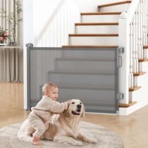 Cideny Retractable Child Gate for Stairs, 55″ Broad Mesh Canine Gate Indoor, 34” Tall Baby Gate for Doorways, Hallways, Deck, Indoor Outside Pet Child Security Necessities for House, Gray