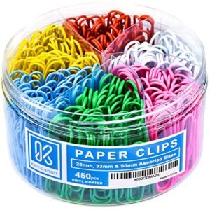 Kempshott 450 Coloration Paper Clips Assorted Sizes Small, Medium and Giant Paper Clips for Paperwork Ideally suited for House, Faculty and Workplace Use (Assorted, Multicolored)